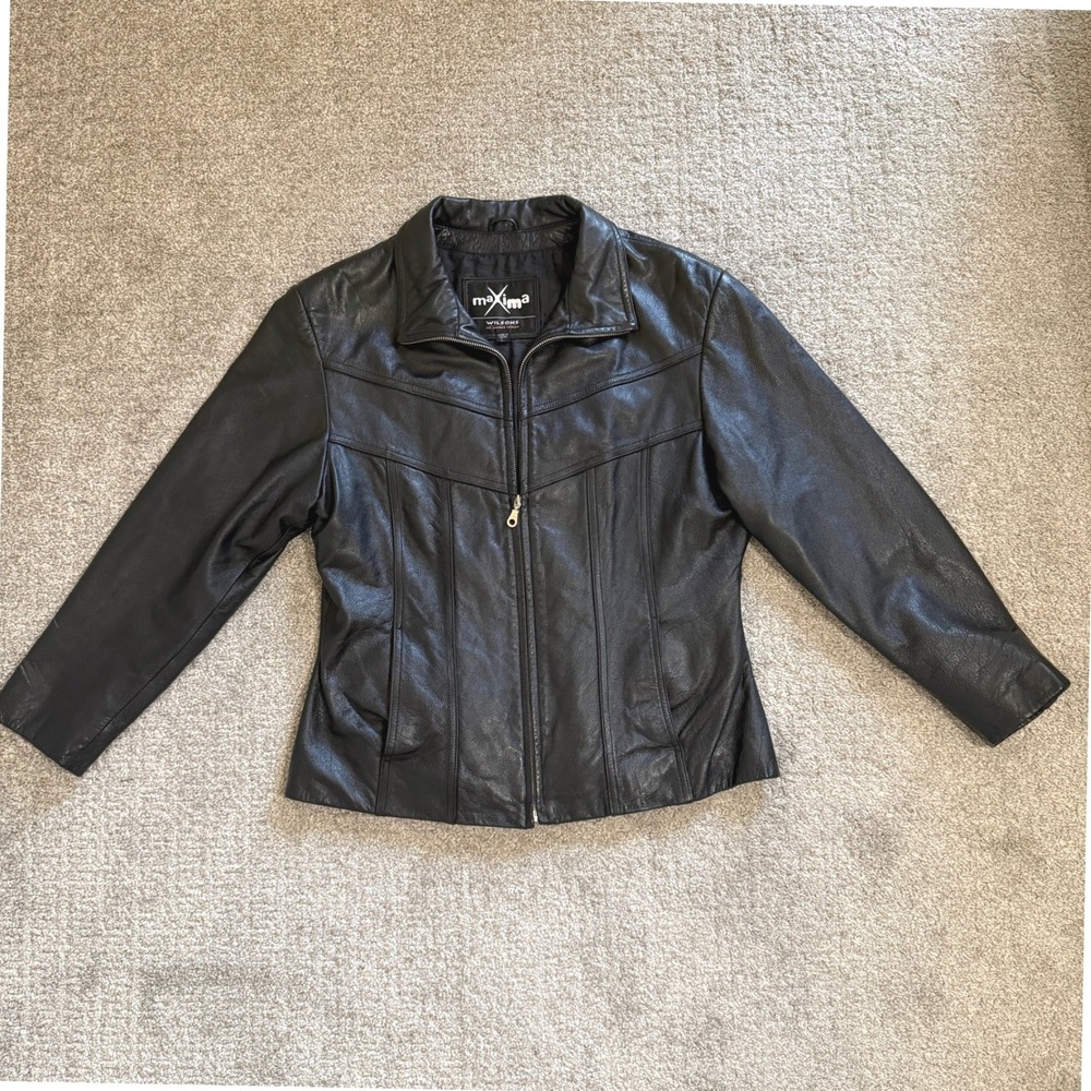 90s Vintage Wilsons Leather Maxima Black Jacket Womens Large Fitted Tailored